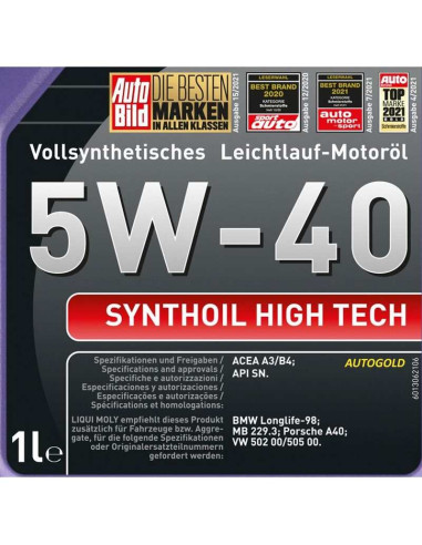 LIQUI MOLY 5W-40 Synthoil High Tech olio motore 5W40 100% sintetico