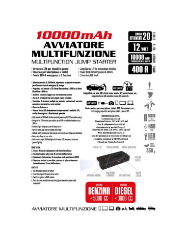 AVVIATORE starter di emergenza al litio 10000 mAh - multifunzione