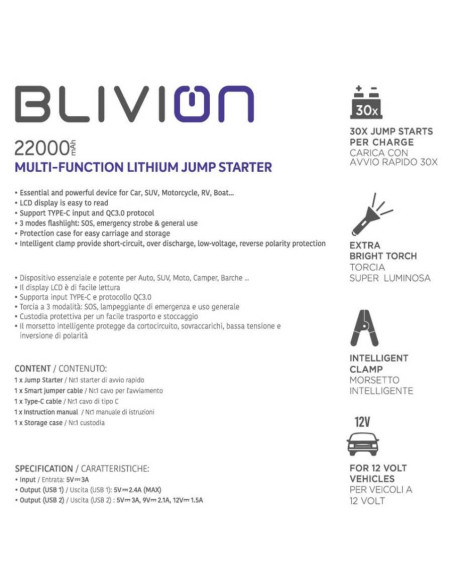 BLIVION JS/V3-C Avviatore starter di emergenza al litio 22000 mAh - multifunzione